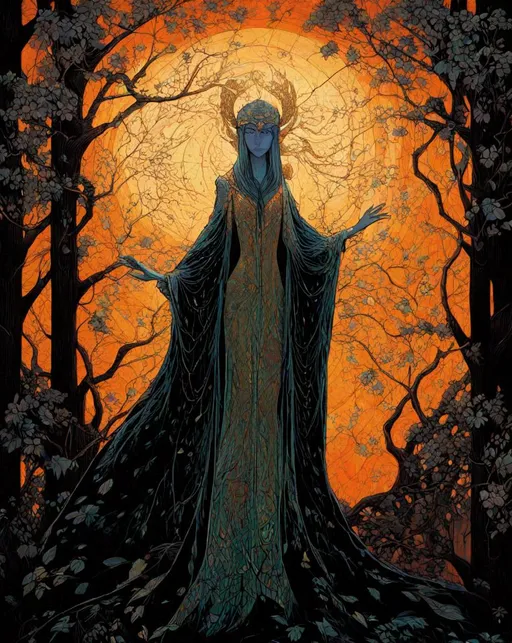Prompt: arboreal goddess, by Harry Clarke and Kilian Eng 