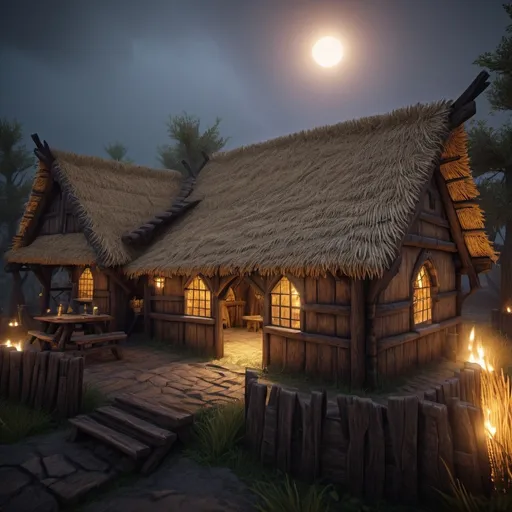 Prompt: Medieval wooden hut with straw roof, Warhammer fantasy RPG style, detailed wood texture, atmospheric lighting, highres, rustic, fantasy, medieval, detailed straw roof, immersive ambiance, ultra realistic textures, ultra realistic straw roof