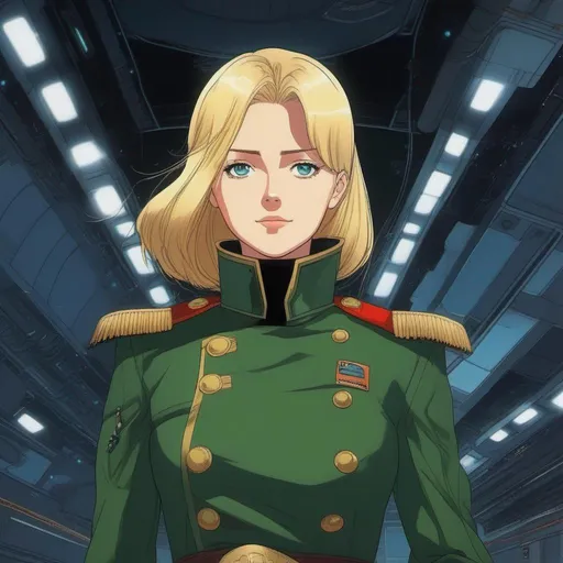 Prompt: Whole body. Full Figure, from distance. a Young noble woman in 20th century  Dark Green scifi uniform. Cute. Blonde hairs. Blue eyes. Akira art. Anime art. Captain Harlock art. Leiji Matsumoto art. 2d art. 2d. well draw face. detailed.