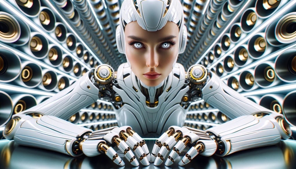 Prompt: In a wide photo, a female cyber human is captured in intense close-ups at her desk, emphasizing the realistic hyper-details of her white and gold costume. Rollerwave patterns are evident in the surroundings, and the robotic design elements give her a futuristic appeal. The image replicates the effect of a topcor 58mm f/1.4 lens.