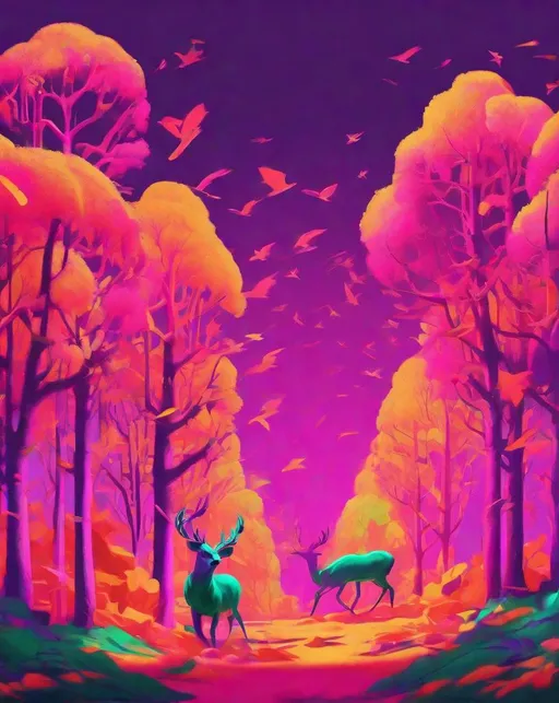 Prompt: A surreal digital illustration of objects in clashing fluorescent color combinations that don't exist in real life - pink trees underneath a green sky populated by purple deer, bright yellow leaves blowing in an orange wind. The colors are highly saturated and imaginative.