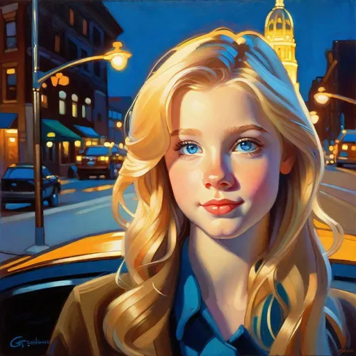 Prompt: Young Irish American girl, pale skin, blonde hair, blue eyes, Pittsburgh at night, cartoony style, extremely detailed painting by Greg Rutkowski by Steve Henderson 