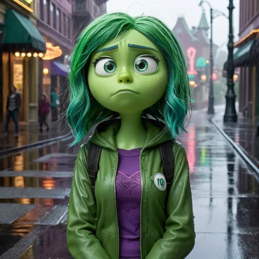 Prompt: a 18 year old (realistic adult human form of Disgust from Disney's Inside Out), bright Green hair, big green eyes, walking, gazing around her, worried, rainy street, (emotionally challenging atmosphere), arms crossed under her chest, looking worried, gloomy and subdued color tones, reflections on wet pavement, light rain drizzling, warm light contrast, depth in facial features, capturing her essence of loneliness, high detail, serene yet tense vibe, high-quality image.