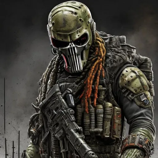 Prompt: Redesigned rasta Gritty dark (black, khaki, olive, blaze orange camouflage) intense futuristic military commando-trained villain Todd McFarlane's punisher Spawn. Cowboy. Bloody. Hurt. Damaged mask. Accurate. realistic. evil eyes. Slow exposure. Detailed. Dirty. Dark and gritty. Post-apocalyptic Neo Tokyo with fire and smoke .Futuristic. Shadows. Sinister. Armed. Fanatic. Intense. 