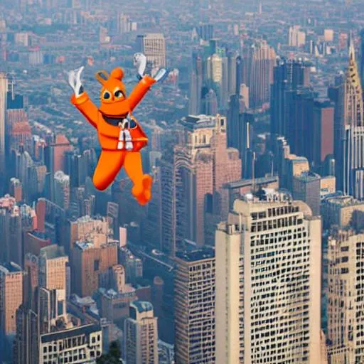 Prompt: an anthropomorphic orange jumping off the top of the Chrysler Building