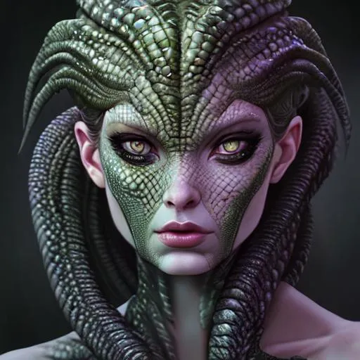Prompt: A realistic portrait of a woman that is a hybrid of a reptile. a medusa and a skinwalker. Sci-fi. digital art. character design. realistic style. high resolution. cool lighting effects. intriguing.