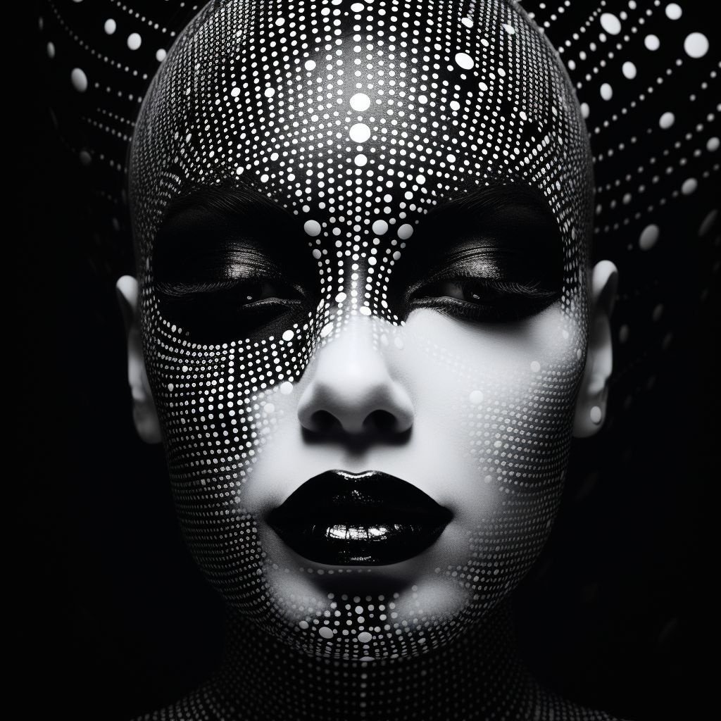 Prompt: a black and white dotted face with dots on it, in the style of futuristic glamour, animated gifs, stefan gesell, algorithmic artistry, android jones, tim hildebrandt, pop art consumer culture