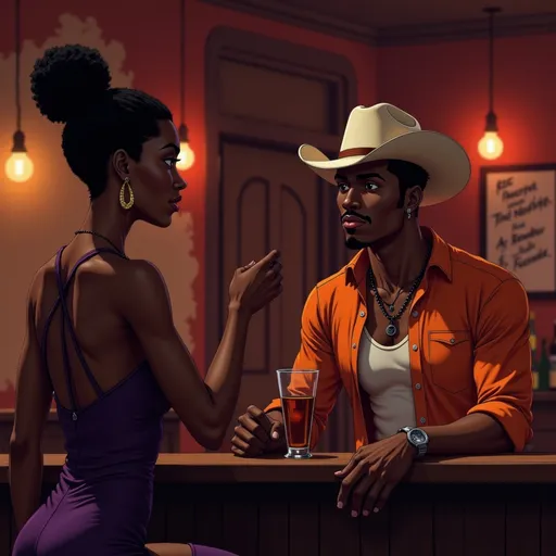 Prompt: Low-lit jazz lounge with smoky ambience and moody red-gold lighting. @TRzJfEbYXKjmZAhFV8fB  sits alone at the bar, sipping bourbon, burnt orange shirt slightly unbuttoned. Across the room, a Black woman with an afro puff, gold hoop earrings, and a deep purple velvet dress glances over her shoulder. Duke doesn’t approach—he watches, reading her posture, the playful turn of her lips. The camera captures the electric moment their eyes lock again. No words. Her body leans slightly toward him. She rises slowly, walking into his magnetic field. Seduction is already complete.