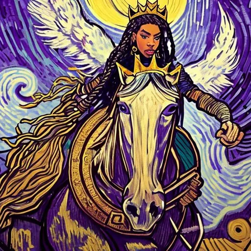 Prompt: tribal, van gogh, angel, warrior, african, crown, royalty, queen, on a horse, with a sword, art, gold, white, purple, pink, long braids, greek, full body