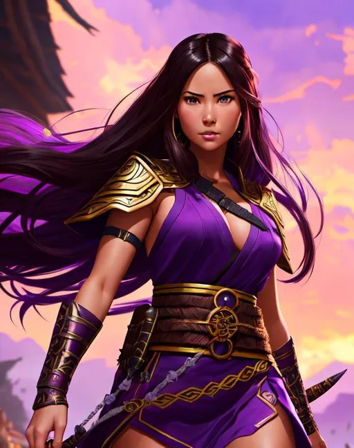 Prompt: 
Olivia Munn 16 years old, wild brown hair, as Ninja end boss with epic purple armor) 
, dramatic, cinematic lighting, caustic, walking in tribal village, ethereal, royal vibe, highly detailed, digital painting, Trending on artstation , HD quality, artgerm, tan skin, by Ilya Kuvshinov