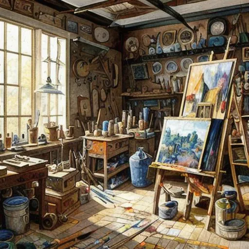 Prompt: A painting of a painter's workshop with paints and brushes laying all around