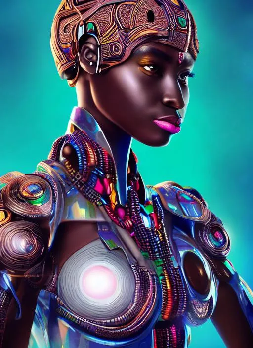 Prompt: Portrait of african female android, futuristic background perfect composition, hyperrealistic, super detailed, 8k, high quality, trending art, trending on artstation, sharp focus, studio photo, intricate details, highly detailed, remix by dimedigital.com