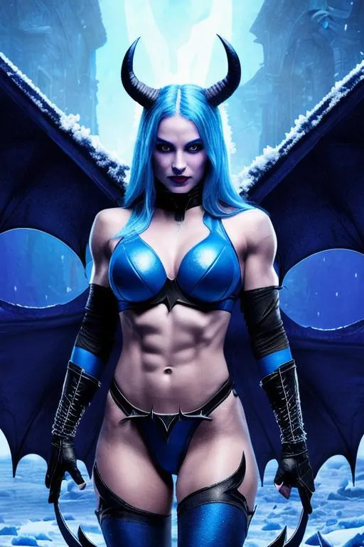 Prompt: Blue-skinned Demon, Devil, Girl, Fit Body, Muscular, Demon Girl, Demon, Blue Skin, Horns, Bat Wings, Ice and Frost, Succubus, Ice, Freezing Tundra, Snowstorm, High Quality, 8k, High Definition,