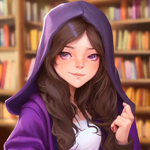 Prompt: A gamer girl who is very smart and loves reading, she is wearing a black hood low to her eyes but you can see her purple and black hair.