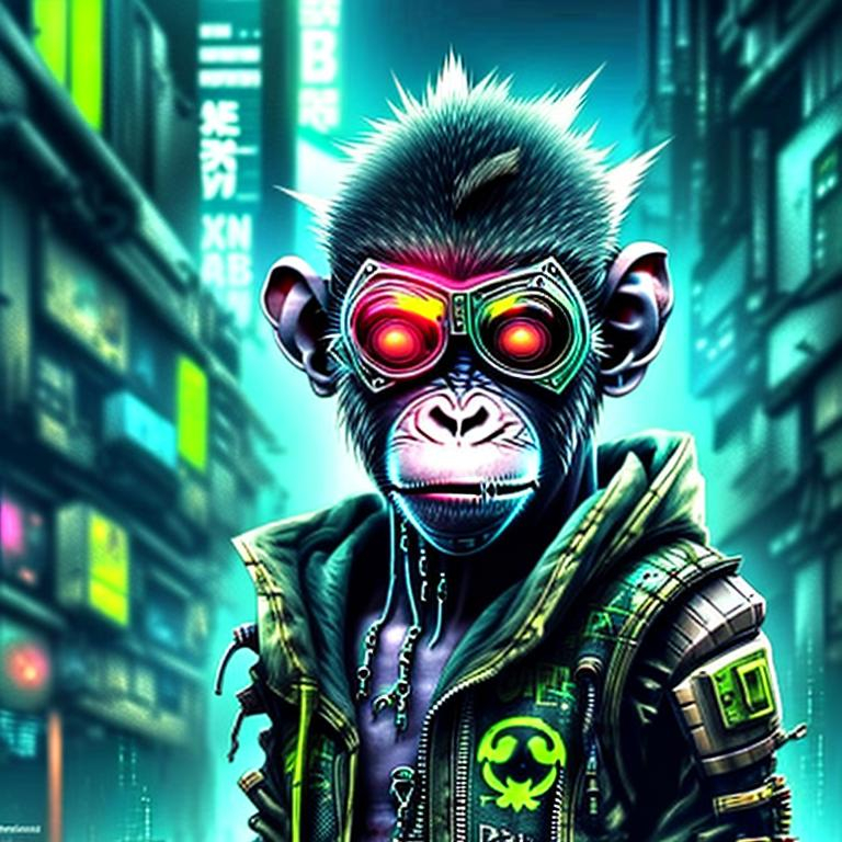 Create a toxic looking cyber punk space monkey in a...