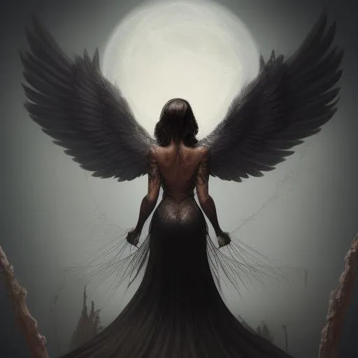 Prompt: full view from the back, beautiful black angel winged, , short , 48 year old Vietnamese,  model, warrior woman  carrying the world on her shoulders like the mythological  titan atlas,  perfect lean figure, shoulder length hair, black with blond highlights, fantasy art style, vibrant, ultrarealistic, surreal, expressive light, web background