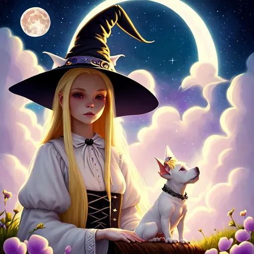 Prompt: witch, long blonde hair, witch hat, cute, dreamy, white pitbull, aesthetic, fairycore, disney, pixar, moon, stars, clouds, flowers, witchcraft, by a cottage, in a dark starry sky, clouds, beautiful, etheral, award winning illustration, artstation, highres