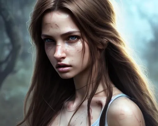 Prompt: portrait of a perfect cute girl, smooth clear porcelain skin, big dreamy brown eyes, rebonded intricate silky brown hair, symmetrical, detailed face, looking into camera, hyper realistic, 8k, by Greg rutkowski, full body, tomb raider, splash art, fantasy concept art, complementary colours, ripped jeans, fit and muscular, archer