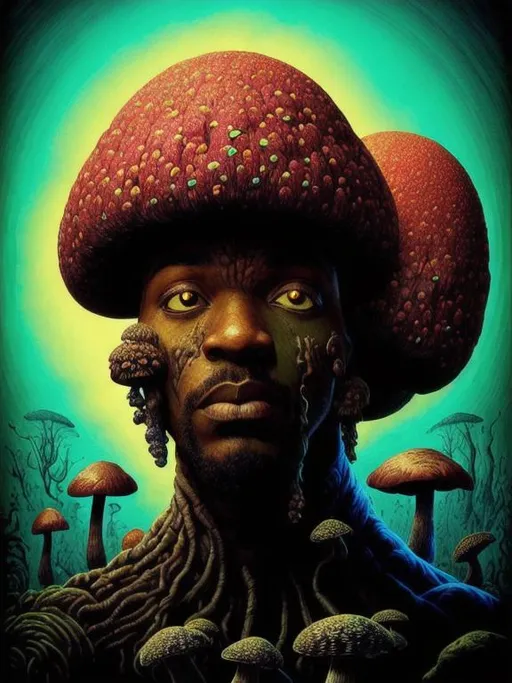 Prompt: Headshot picture of black person with head full of mushrooms druidlike lisegic detailed surreal dreamy epic psychdelic biomorphic intrincate background by kilian eng and roger dean and salvador dali and beksinski, 8 k