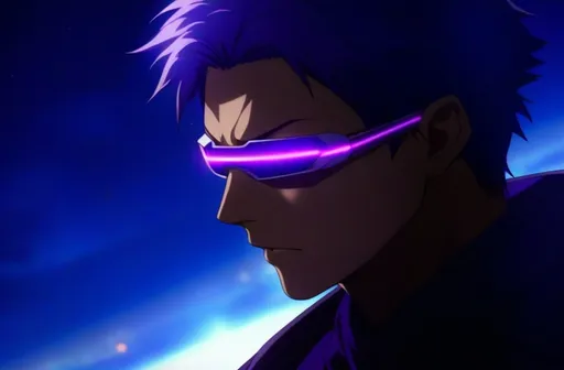 Prompt: a close up halfbody of a menacing person wearing purple futuristic googles, night city background, inspired by Atsushi Ohkubo, intense gaze, tumblr, Shin Hanga style, profile picture, profile image, high quality anime movie still, looking at the side, profile pic, movie photo, anime film, Yoshitaka Amano, promotional picture, movie promotional image, 2019 anime, high quality illustration, detailed anime soft face, detailed shadows, intricate detail, high quality