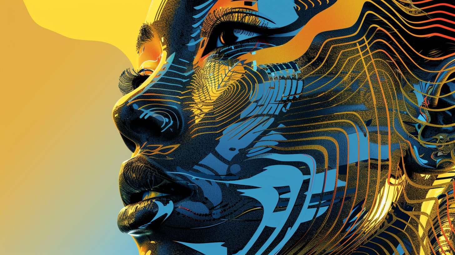 Prompt: Illustration of a futuristic face blending human emotion and machinery. The skin is decorated with patterns of gold, metal, and black and white stripes, reflecting chrome-like luminance. The backdrop is a gradient of light bronze to dark blue, drawing attention to certain facial elements. --ar 16:9 --style raw --stylize 250