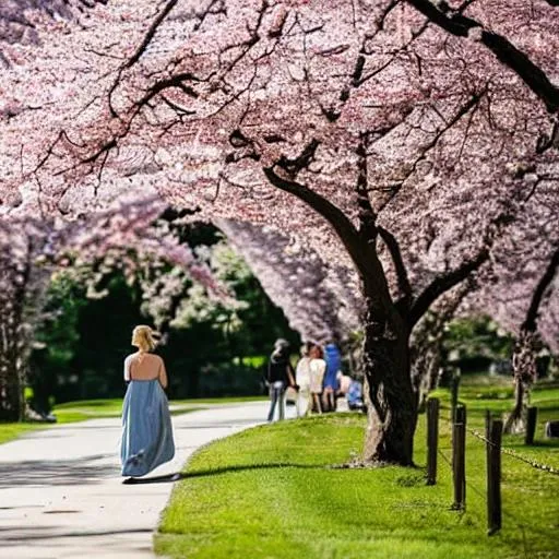 Prompt: A beautiful blonde woman wearing a long blue dress takes a walk in the park near the blossoming cherry trees