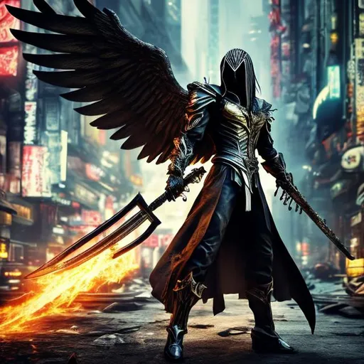 Prompt: Gold assassin winged angel Sephiroth. 4k. Perfect hands. Full body. Imperfect, Gritty, Todd McFarlane style futuristic army-trained. Bloody. Hurt. Damaged. Accurate. realistic. evil eyes. Slow exposure. Detailed. Dirty. Dark and gritty. Post-apocalyptic Neo Tokyo .Futuristic. Shadows.