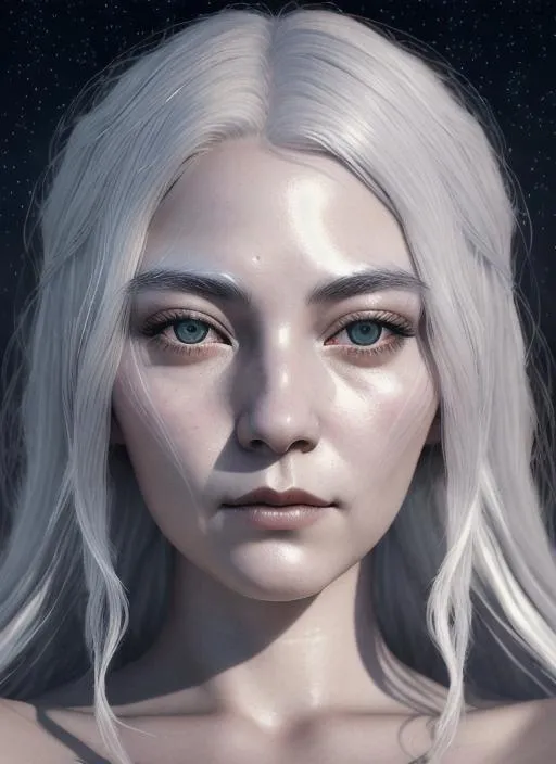 Prompt: Portrait of a moon goddess with silver hair and with cute face, night background, perfect composition, hyperrealistic, super detailed, 8k, high quality, trending art, trending on artstation, sharp focus, studio photo, intricate details, highly detailed, 