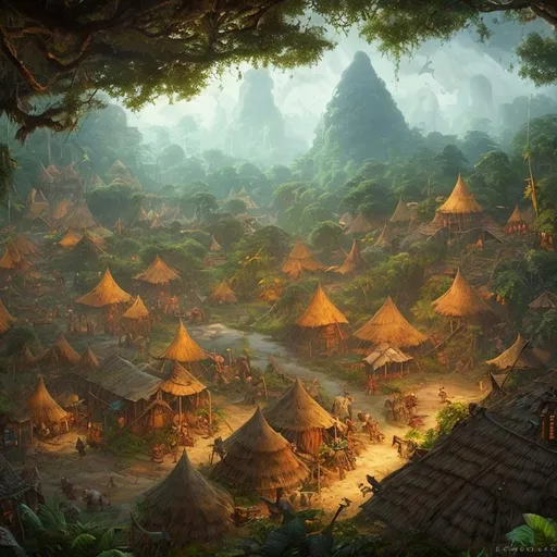 Prompt: a clearing in the jungle reveals a village full of merchant tents and huts, matte oil painting, science fantasy, retrofuturistic, biblical, rpg, extremely detailed, sharp focus, 4 k, LANDSCAPE ORIENTATION