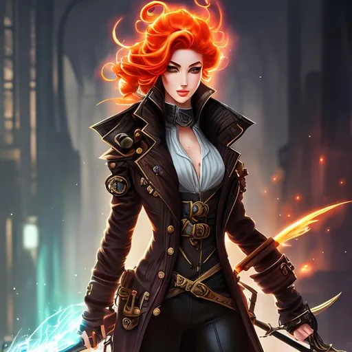 Prompt: Splash art, fire genasi, trench coat, ginger, steampunk, victorian, sci-fi, very detailed character