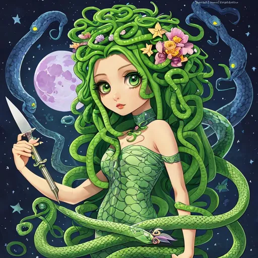 Prompt: beautiful chibi medusa with green snake hair, snakes, holding a knife, protector, flowers, aesthetic, disney, pixar, moon, stars, witchcraft, in a starry cloudy sky,  in ruins, award winning illustration, artstation, highres, large eyes, tarot card style