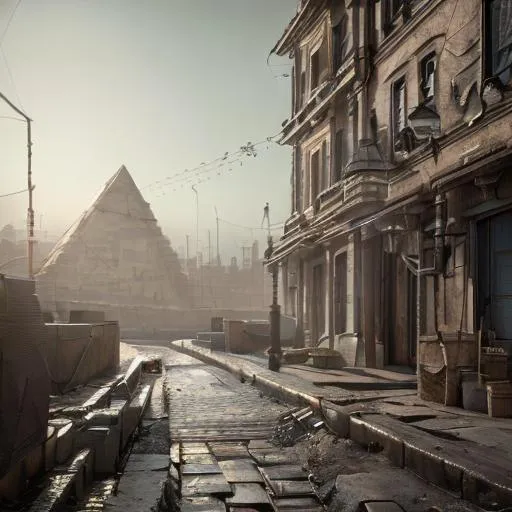 Prompt: urban landscape with pyramidal houses