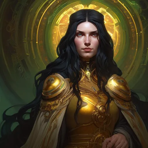 Prompt: digital painting portrait of a female aasimar wizard with long black hair and glowing golden eyes in a green and gold robe in the style of baldur's gate portrait art, greg rutkowski and alphonse mucha