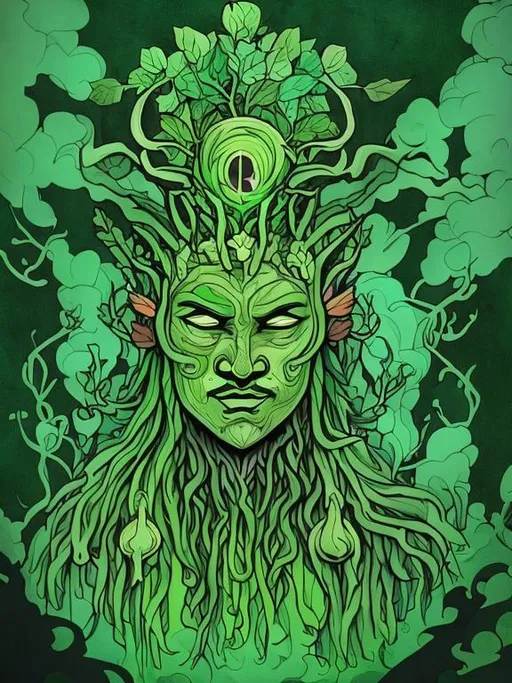 Prompt: Color in green face man and floating tree. Add more plant imagery. Pagan. The dagda.