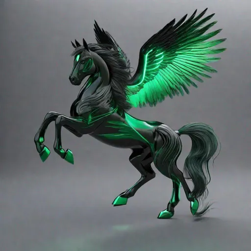 Prompt:  small twisted pegasus animatronic hybrid, with focused emerald eyes. They identify as a Male. Emerald colored feathery wings and tail. dark Green ombre mane and tail. UHD, HD, 4K, green haze, green and black coat, anime