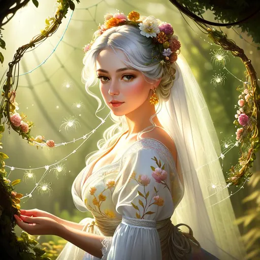 Prompt: portrait painting of a beautiful girl, style of fragonard and Yoshitaka Amano (white hair with flowers, messy), ropes, brigfht, daytime, ((daytime forest background with light shafts)), bioluminescent, (wearing intricate frock), vines, delicate, bright colors, soft, fireflies, (((spiders, spider webs, webs))), silk, threads, ethereal, luminous, glowing, dark contrast, celestial, ribbons, trails of light, 3D lighting, soft light