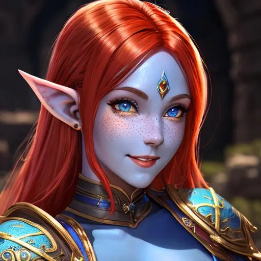 Prompt: oil painting, D&D fantasy, blue-skinned-elf girl, blue-skinned-female with freckles, slender, beautiful, short fiery red hair, wavy hair, smiling, pointed ears, looking at the viewer, cleric wearing intricate adventurer outfit, #3238, UHD, hd , 8k eyes, detailed face, big anime dreamy eyes, 8k eyes, intricate details, insanely detailed, masterpiece, cinematic lighting, 8k, complementary colors, golden ratio, octane render, volumetric lighting, unreal 5, artwork, concept art, cover, top model, light on hair colorful glamourous hyperdetailed medieval city background, intricate hyperdetailed breathtaking colorful glamorous scenic view landscape, ultra-fine details, hyper-focused, deep colors, dramatic lighting, ambient lighting god rays, flowers, garden | by sakimi chan, artgerm, wlop, pixiv, tumblr, instagram, deviantart