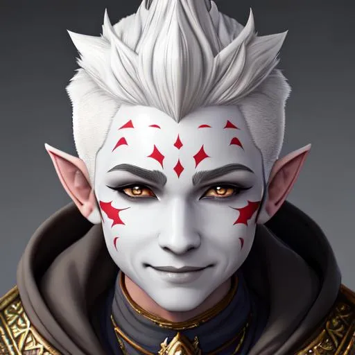 Prompt: oil painting, D&D fantasy, grey-skinned-gnome boy, grey-skinned-male, short, beautiful, short bright white hair, mohican cut hair, smiling, pointed ears, looking at the viewer, jester makeup in face, wearing intricate jester outfit, #3238, UHD, hd , 8k eyes, detailed face, big smiling eyes, 8k eyes, intricate details, insanely detailed, masterpiece, cinematic lighting, 8k, complementary colors, golden ratio, octane render, volumetric lighting, unreal 5, artwork, concept art, cover, top model, light on hair colorful glamourous hyperdetailed medieval city background, intricate hyperdetailed breathtaking colorful glamorous scenic view landscape, ultra-fine details, hyper-focused, deep colors, dramatic lighting, ambient lighting god rays, flowers, garden | by sakimi chan, artgerm, wlop, pixiv, tumblr, instagram, deviantart