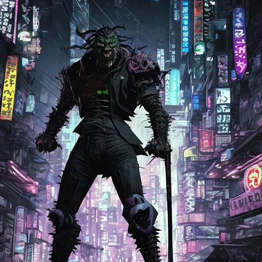 Prompt: Original villain.  Exaggerated brawn. Sinister. Unique.. quirky. Magic. Axe. Very Dark image with lots of shadows. Background partially destroyed neo Tokyo. Noir anime. Gritty. Dirty. Black with random neon accents. Holographic armour. Bionic enhancements. Scars. Decay