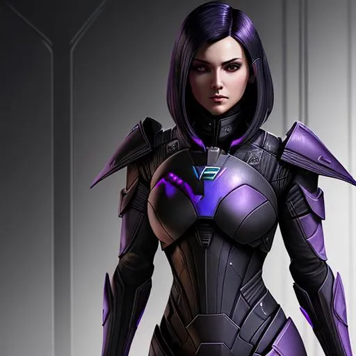 Prompt: A woman with {black} hair and {purple] eyes wearing armor {Mass effect vibe} 