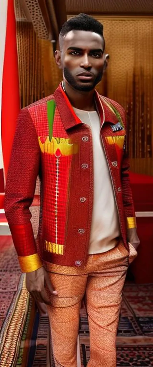 Prompt: men's suit red colour filled with pharaonic inscriptions mixed with a modern cut 