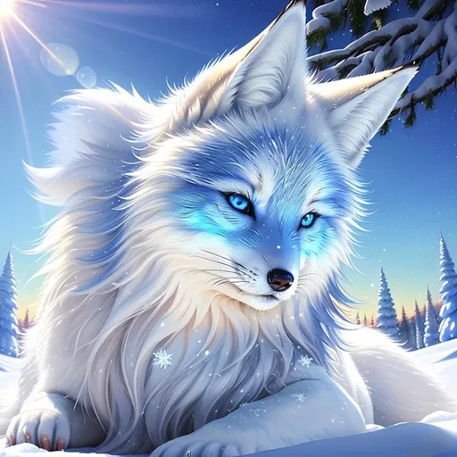 Prompt: (masterpiece, highly detailed oil painting, best quality, 3D, UHD), white (fox-wolf), bashful hypnotic (sapphire-blue eyes), 8k eyes, lying in the snow, thick glistening frosted deep blue fur, thick lavish blue mane, emanating with blue aura, fluffy fox ears, white sparkles, sunlight beams, by Anne Stokes, artstation, featured on deviantart,
icon for an ai app,
detailed smiling face, looking at camera, Yuino Chiri, kitsune, header text, yee chong silverfox, beaming sunlight, extremely beautiful, lazy, (plump:2), insanely beautiful portrait, character portrait, character reveal, revealing magical sapphire jewel, epic digital rendering, professional, symmetric, golden ratio, unreal engine, depth, volumetric lighting, rich oil medium, (brilliant auroras), (ice storm), fox wearing a tiara, vibrant, full body focus, beautifully detailed background, cinematic, 64K, Yuino Chiri, intricate detail, high quality, high detail, masterpiece, intricate facial detail, high quality, detailed face, intricate quality, intricate eye detail, highly detailed, high resolution scan, intricate detailed, highly detailed face, very detailed, high resolution, perfect composition, epic composition
