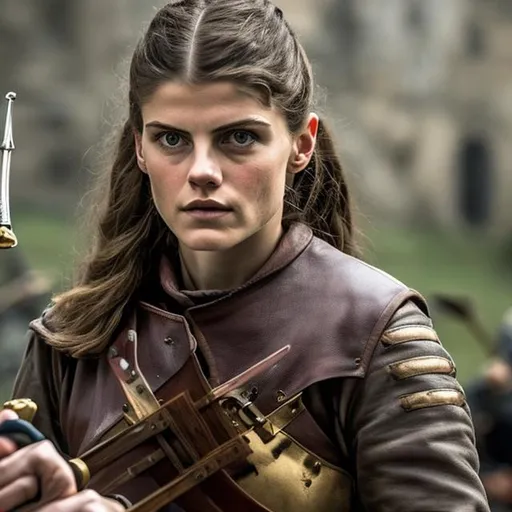 Prompt: Alessandra Daddario as female medieval soldier duelist, beautiful young
