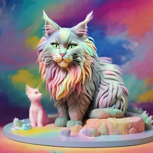 Prompt: Pastel Maine coon cat diorama in the style of Lisa frank