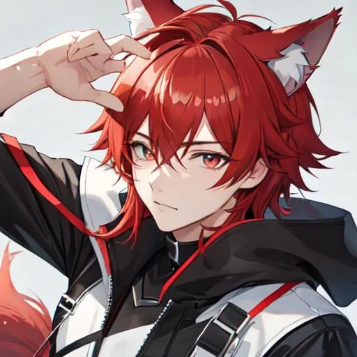 Prompt: male(Red side-swept hair covering his right eye) wolf ears, wolf tail, HD, 8K