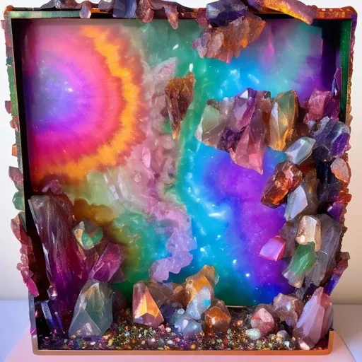 Prompt: Crystal and gemstone collection diorama in the style of Lisa frank