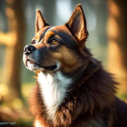 Prompt: 8k, UHD, masterpiece, best quality, trending on artstation,hyper detailed,hyperrealistic, Portrait of a {beautiful dog}, , dreamy curious brown eyes, intricately detailed vibrant black fur, large pointy brown ears, curious innocent smile, , golden fur lighlights, in an enchanted forest, soft light, studio lighting, sharp focus, intricately detailed fur, brilliant detailed eyes, beautifully detailed face, beautifully detailed background, perfect composition, sharp focus, unreal engine, intricately detailed mouth and teeth, 