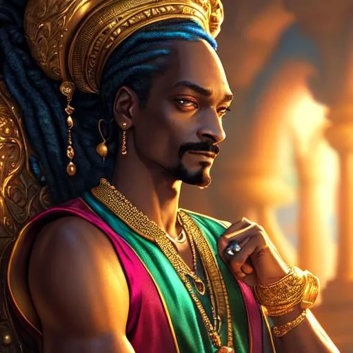 Prompt: Snoop Dog as Genie, beautiful photograph of most beautiful fictional, extremely, detailed environment, detailed background, intricate, detailed skin, natural colors , professionally color graded, photorealism, 8k, moody lighting.