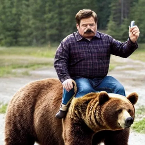 Prompt: Ron Swanson riding a bear
