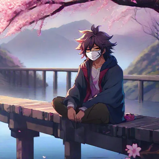 Prompt: insane, anime character with wavy hair sitting on an abandoned bridge gazing into the water beneath him as cherry blossoms are in the background smiling, foggy background, demon behind, zoomed out, fangs, aesthetic mask, scars, HD, 4K, vibrant colors that clash with dull background 
